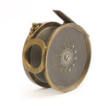 Load image into Gallery viewer, A 1906 rate 4 inch antique brass framed hardy perfect fishing reel with an ivorine handle shown on a white background